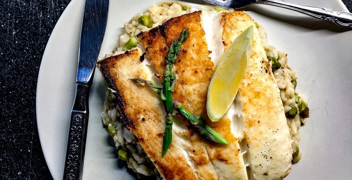 Springtime Pan Roasted Wild Alaskan Halibut with Asparagus Risotto